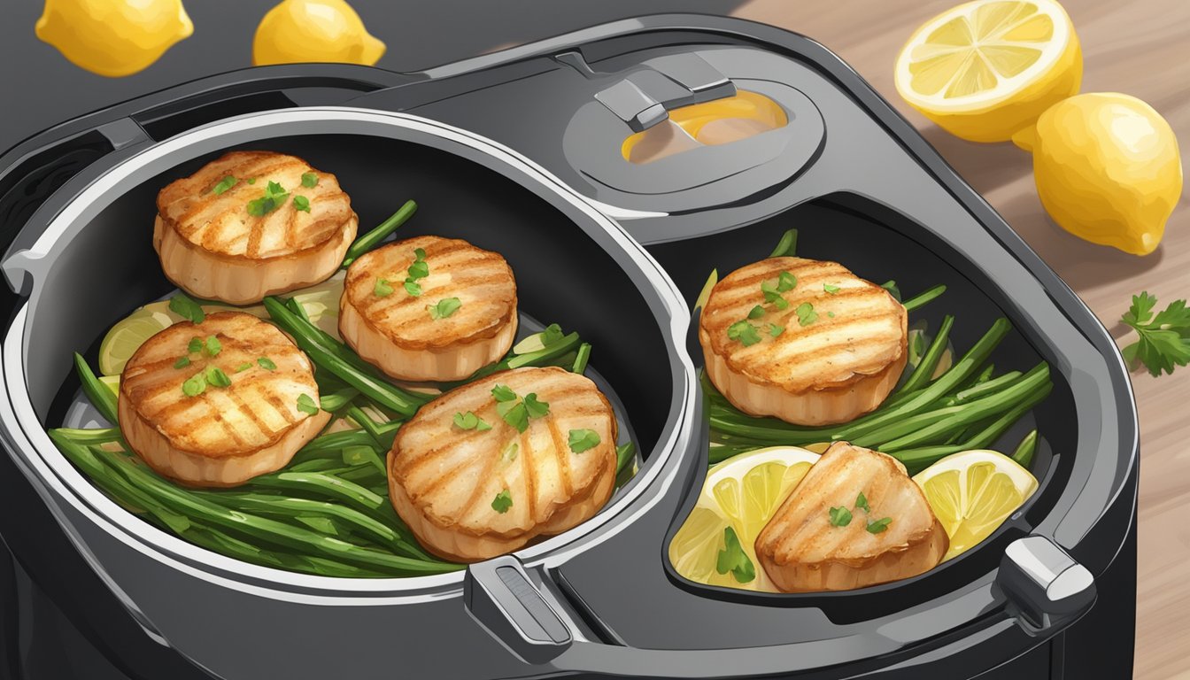 Garlic lemon scallops sizzling in an air fryer, emitting a savory aroma as they cook to a golden brown perfection