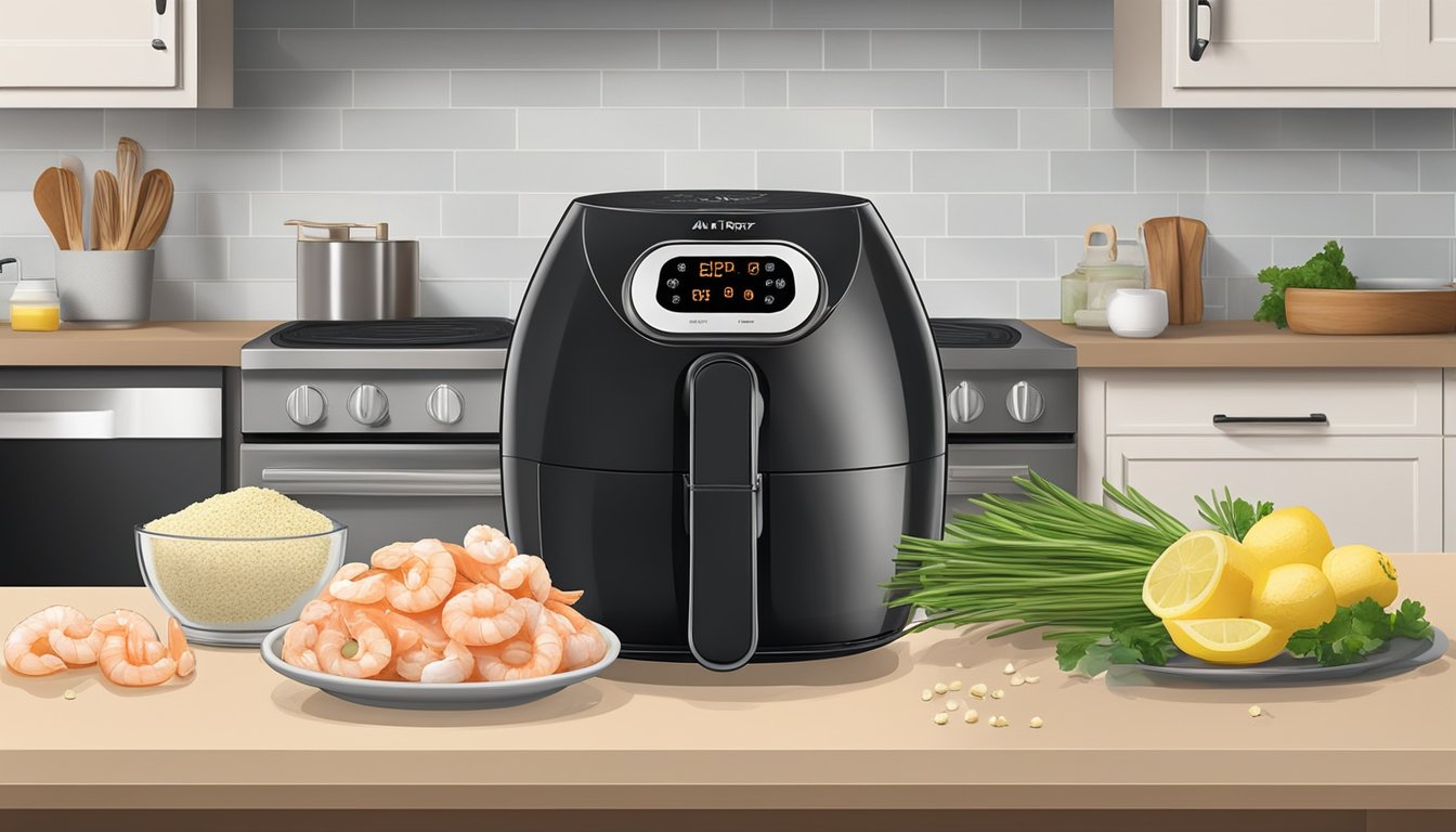 A bowl of raw shrimp, garlic cloves, butter, and seasonings laid out on a clean kitchen counter. An air fryer sits nearby, ready for use