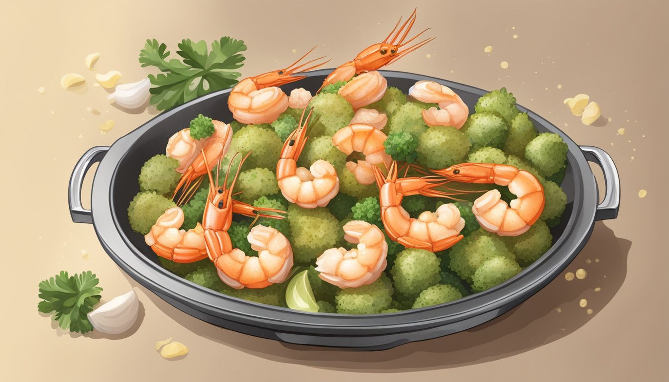 A sizzling air fryer cooks succulent shrimp in a bubbling garlic butter sauce