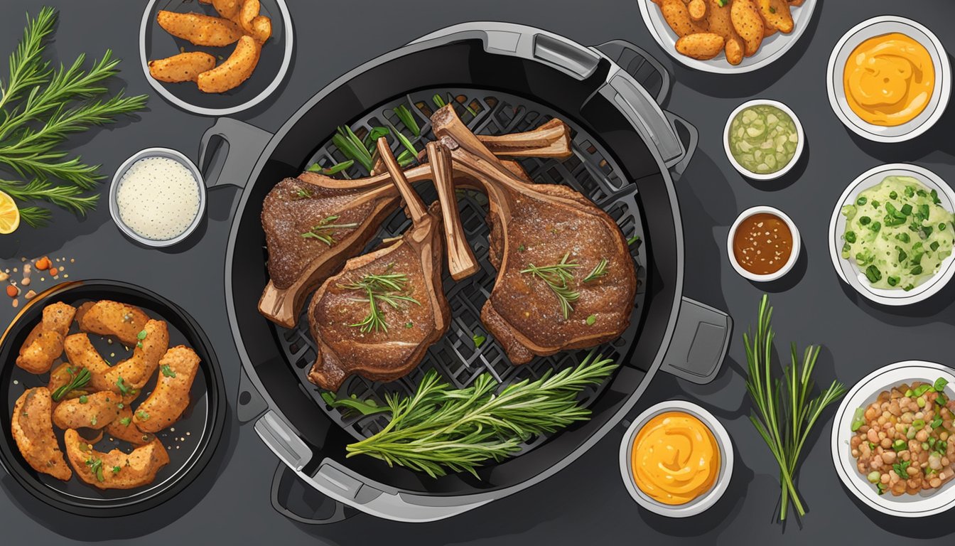 Garlic and rosemary lamb chops sizzling in an air fryer, surrounded by various sides and accompaniments