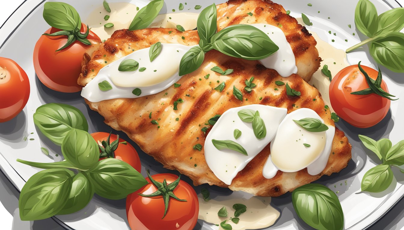 A plate of air fryer caprese chicken with fresh basil, ripe tomatoes, and melted mozzarella on a white background