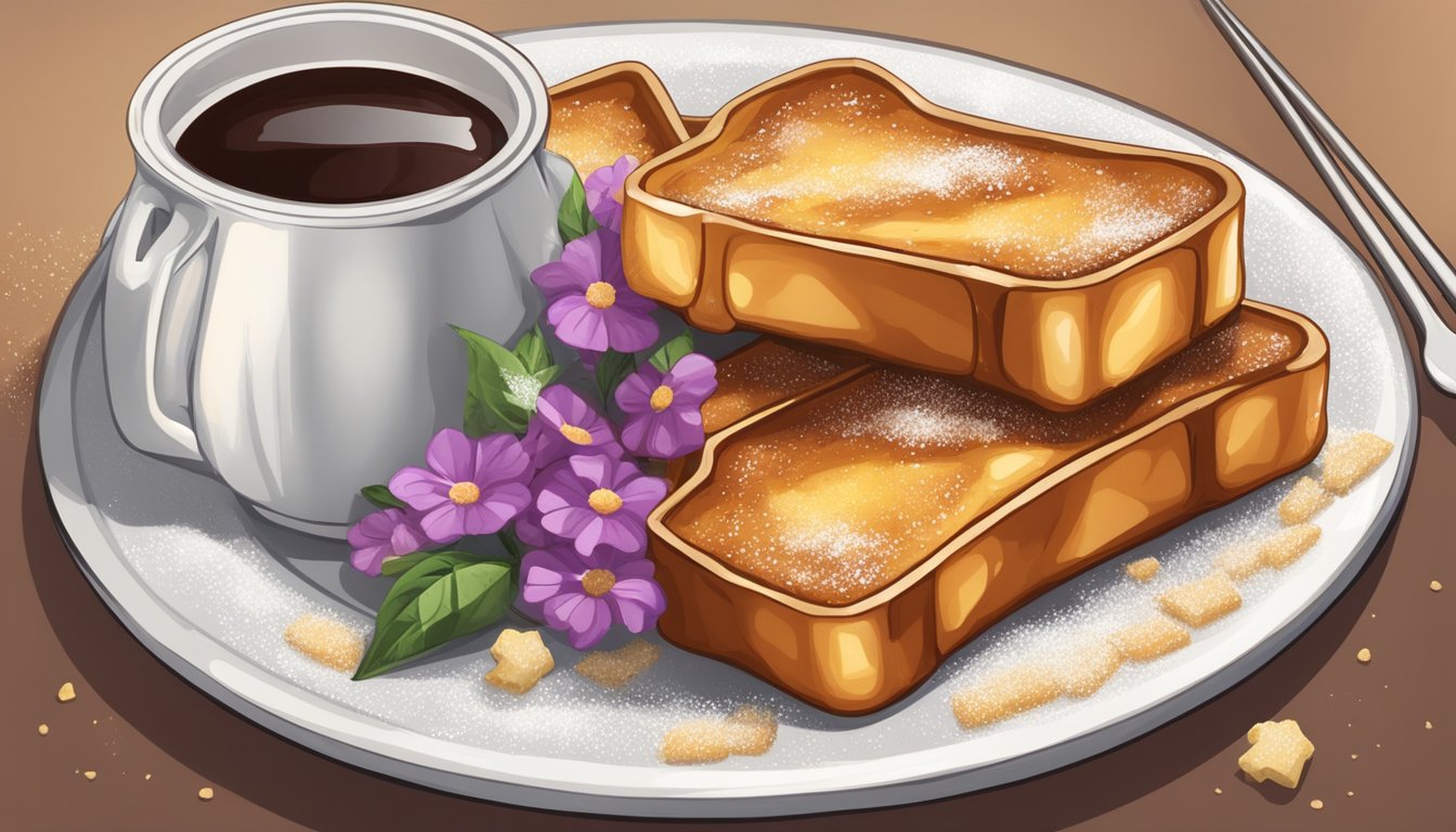 Golden brown french toast sticks arranged on a plate with a side of syrup and a sprinkle of powdered sugar