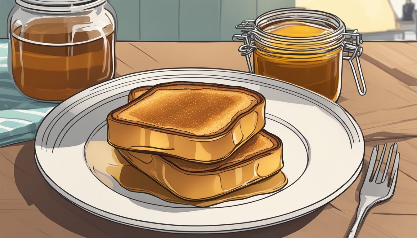 Golden air fryer french toast sticks on a wire rack, with a jar of syrup and a plate in the background