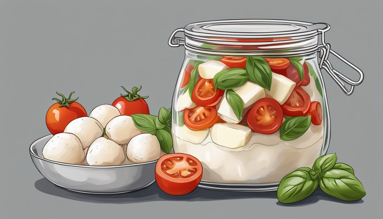 A glass container filled with air fryer caprese chicken surrounded by fresh basil, ripe tomatoes, and melted mozzarella cheese