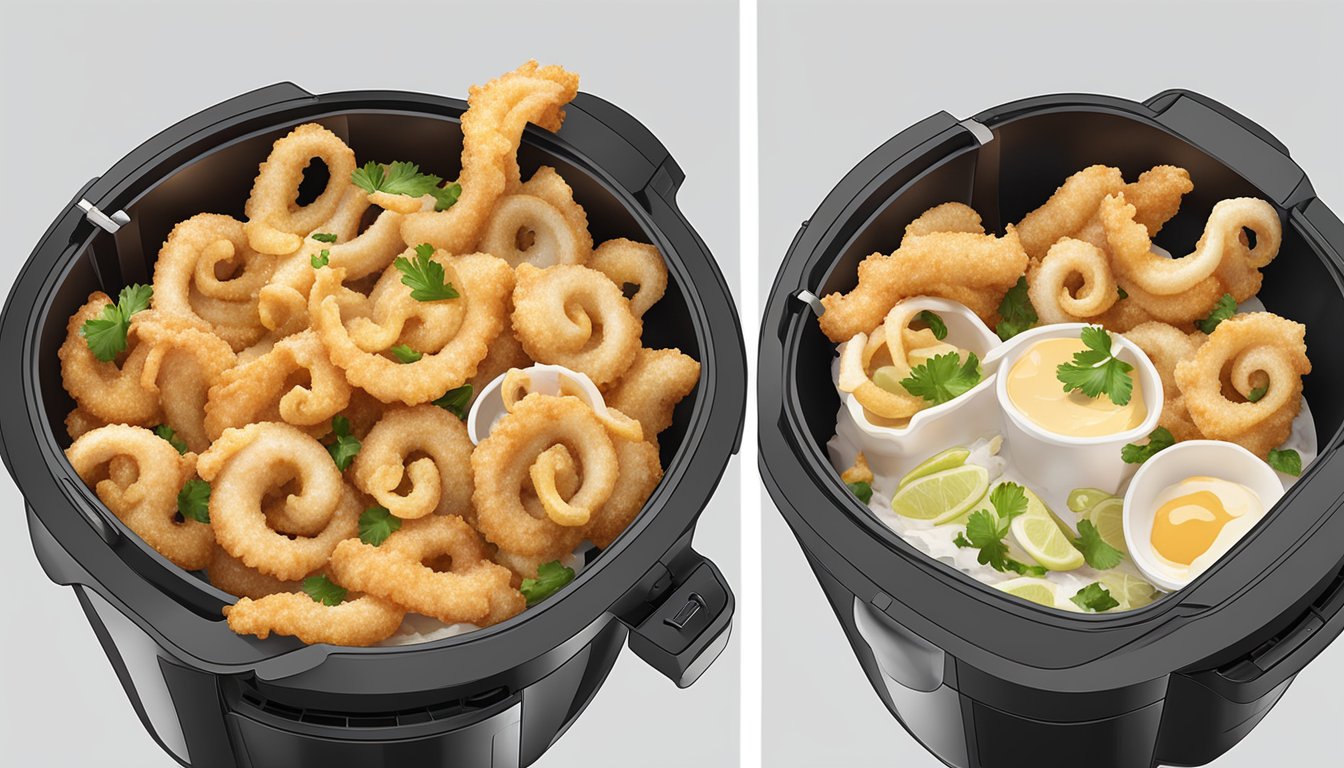 Calamari being dipped in batter, then placed in an air fryer