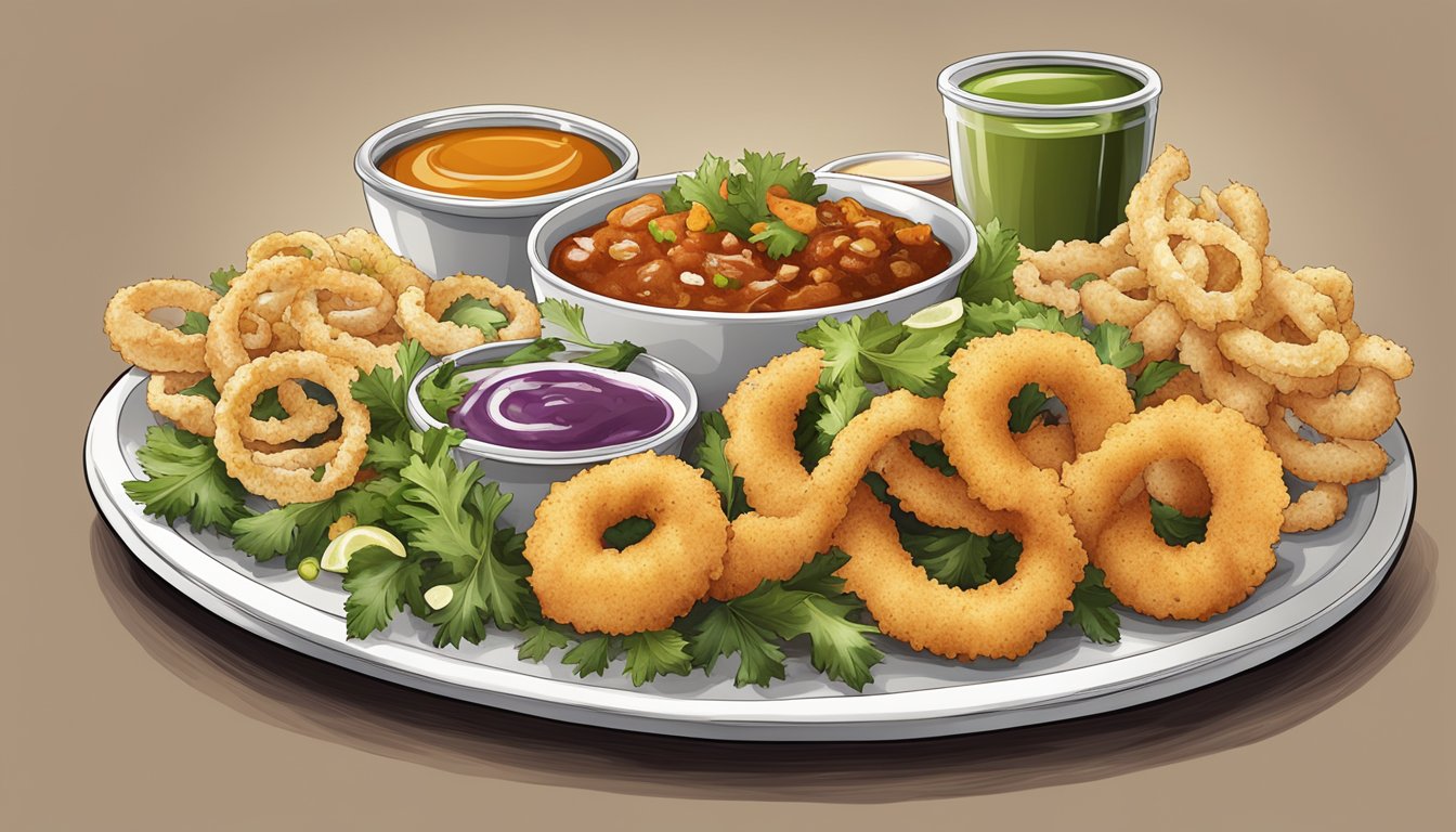 A platter of crispy calamari with a variety of sauces and accompaniments