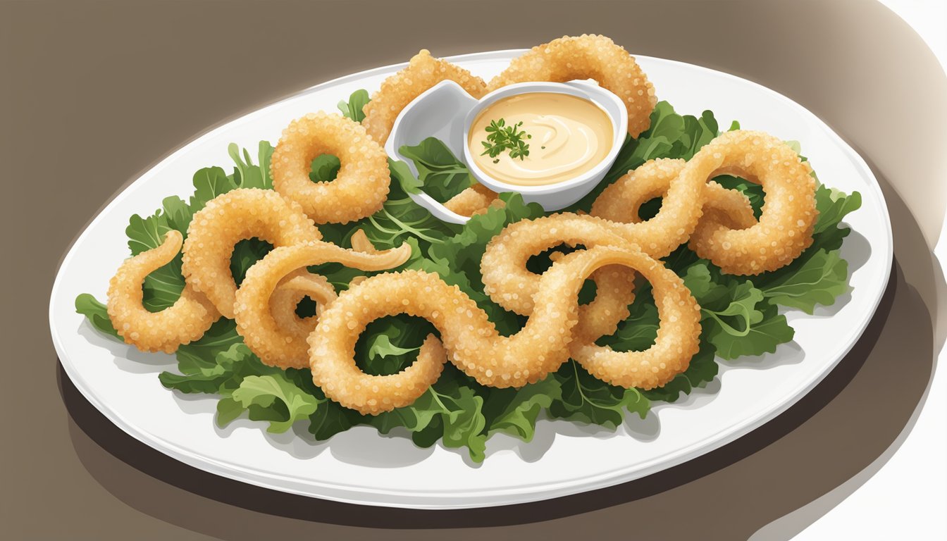 Golden-brown calamari arranged on a bed of fresh greens, with a side of zesty dipping sauce, served on a sleek white platter