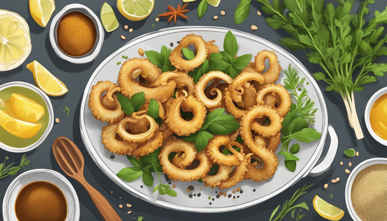 Golden-brown calamari sizzling in an air fryer, surrounded by various fresh herbs and spices