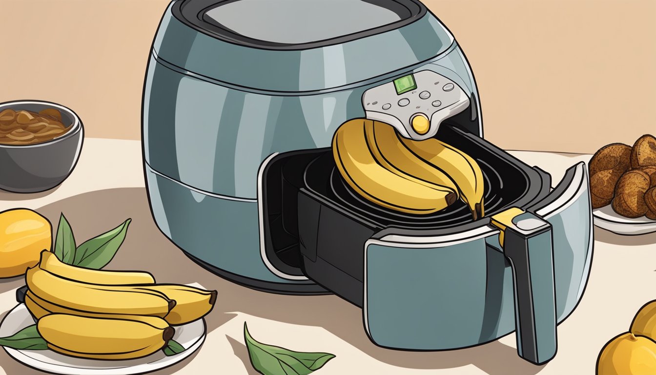 Ripe bananas being sliced and placed in an air fryer, with a caramelized glaze forming on the fruit as it cooks