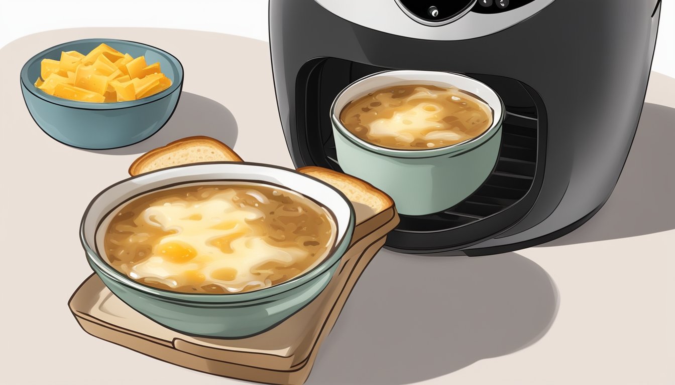 A bowl of French onion soup topped with melted cheese and a slice of bread, sitting inside an air fryer