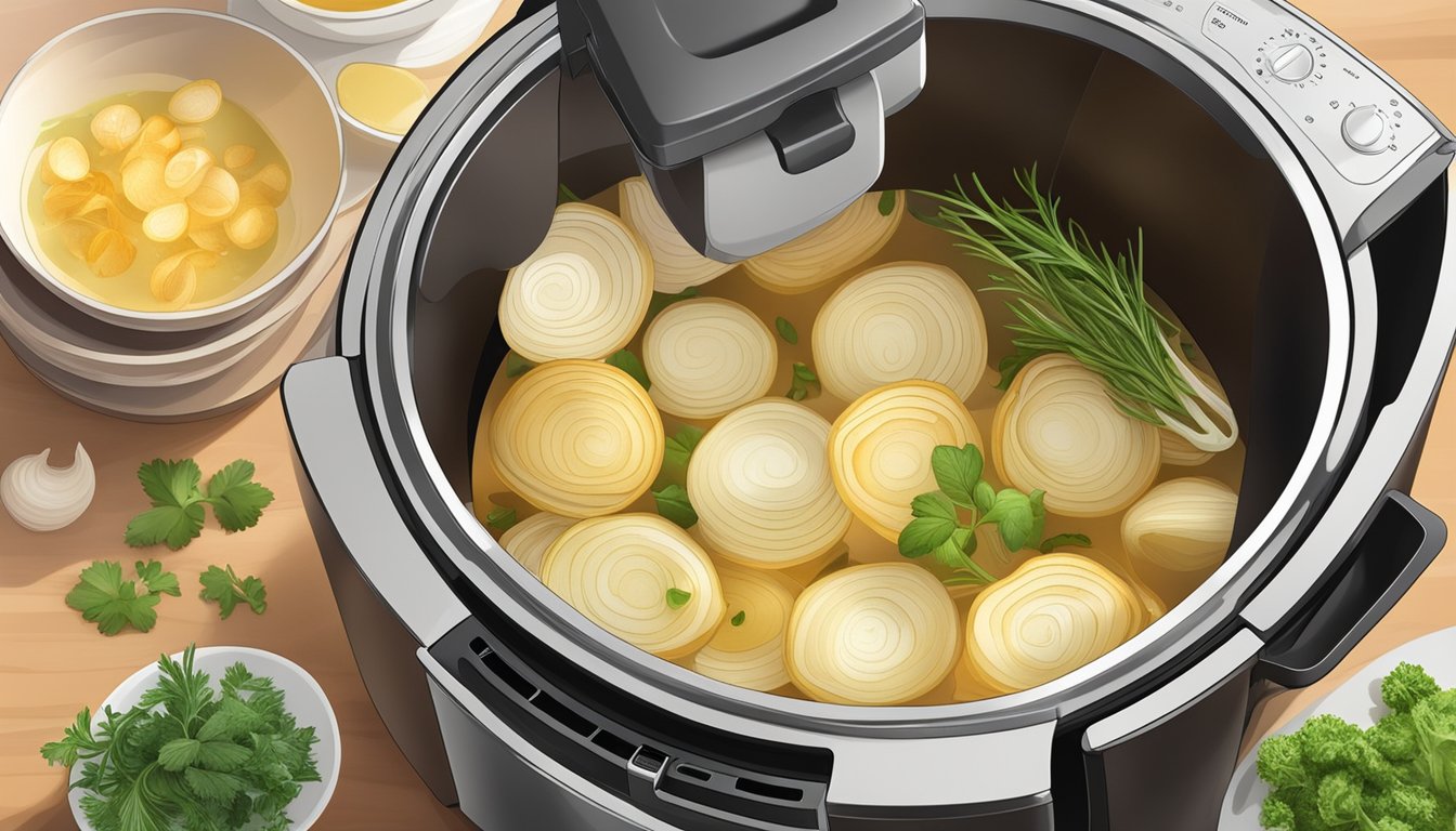 Sliced onions, broth, and herbs simmering in an air fryer, emitting savory aroma