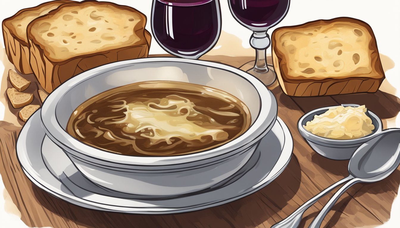 A steaming bowl of French onion soup sits on a rustic wooden table, surrounded by a slice of crusty bread and a small dish of melted gruyere cheese. A glass of red wine complements the meal