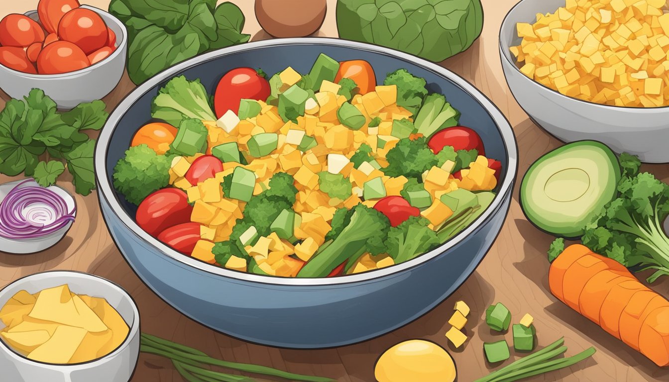 A colorful array of diced vegetables, beaten eggs, and shredded cheese mixed together in a bowl, ready to be poured into an air fryer for a frittata