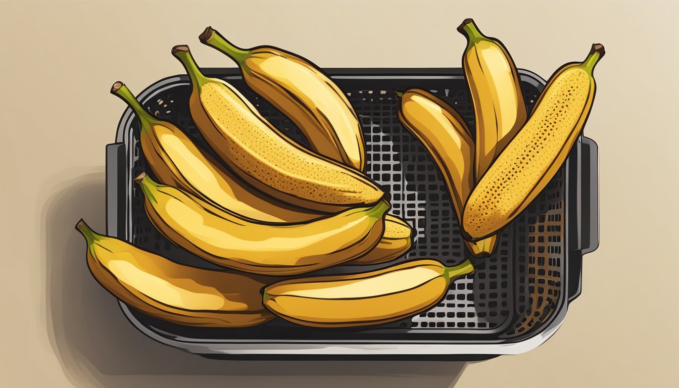 Ripe bananas arranged in a single layer in an air fryer basket, golden brown and caramelized, emitting a sweet aroma