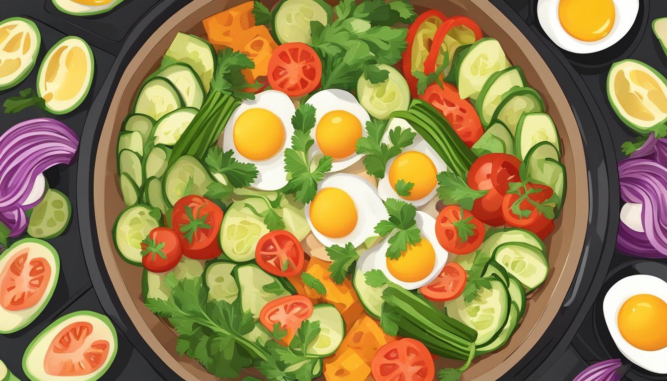 A colorful array of sliced vegetables and beaten eggs arranged in a circular pattern in an air fryer basket, ready to be cooked into a delicious frittata