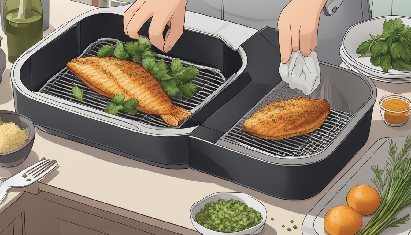 A catfish fillet being carefully placed into an air fryer basket, surrounded by various seasonings and herbs on a clean kitchen counter