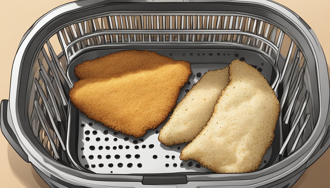 Catfish fillets coated in breading and spices, placed in an air fryer basket ready to be cooked