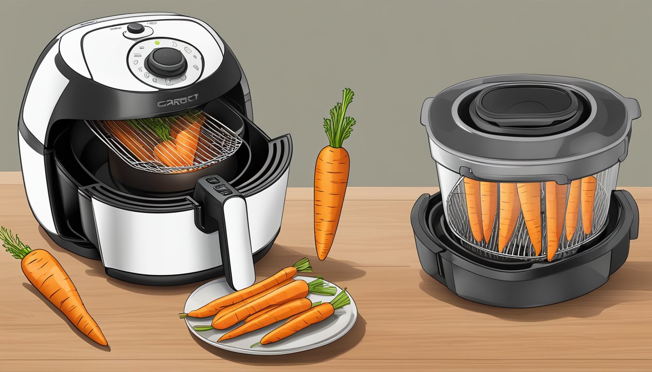 Carrot fries in air fryer basket, timer set, steam rising