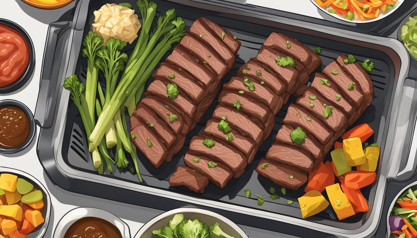 Sizzling flank steak rolls surrounded by colorful, nutrient-rich vegetables on a sleek, modern air fryer tray