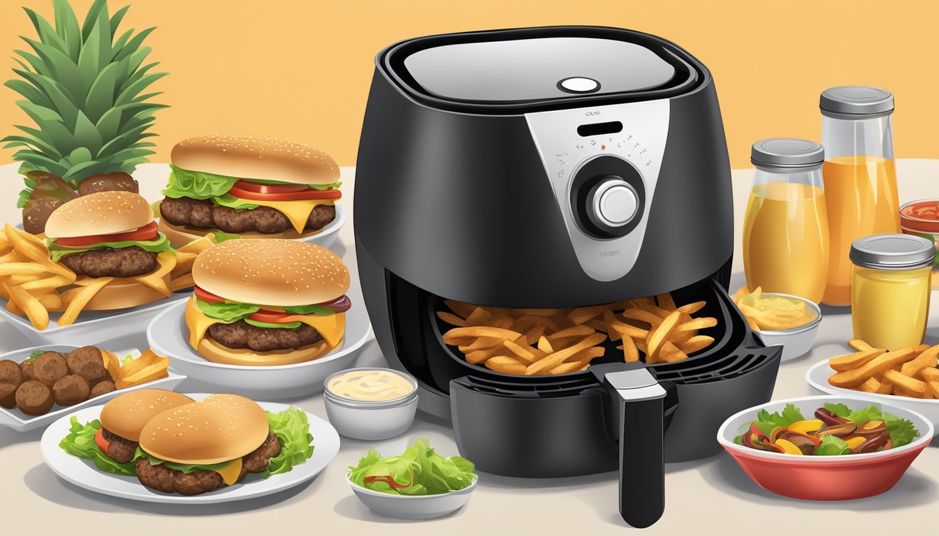 A sizzling air fryer cooks up juicy cheeseburger sliders, surrounded by a variety of delicious side dishes