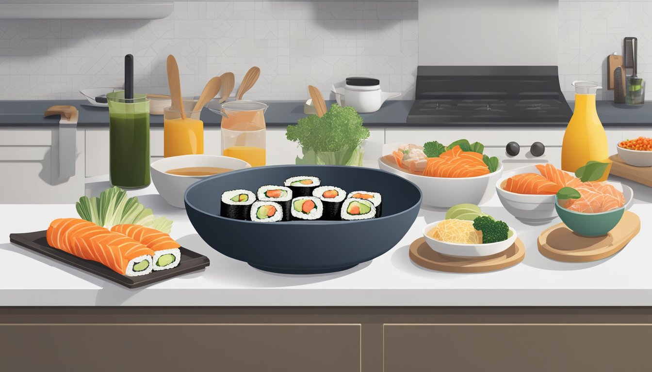 A kitchen counter with a sushi bazooka, fresh ingredients, and a recipe book open to breakfast ideas