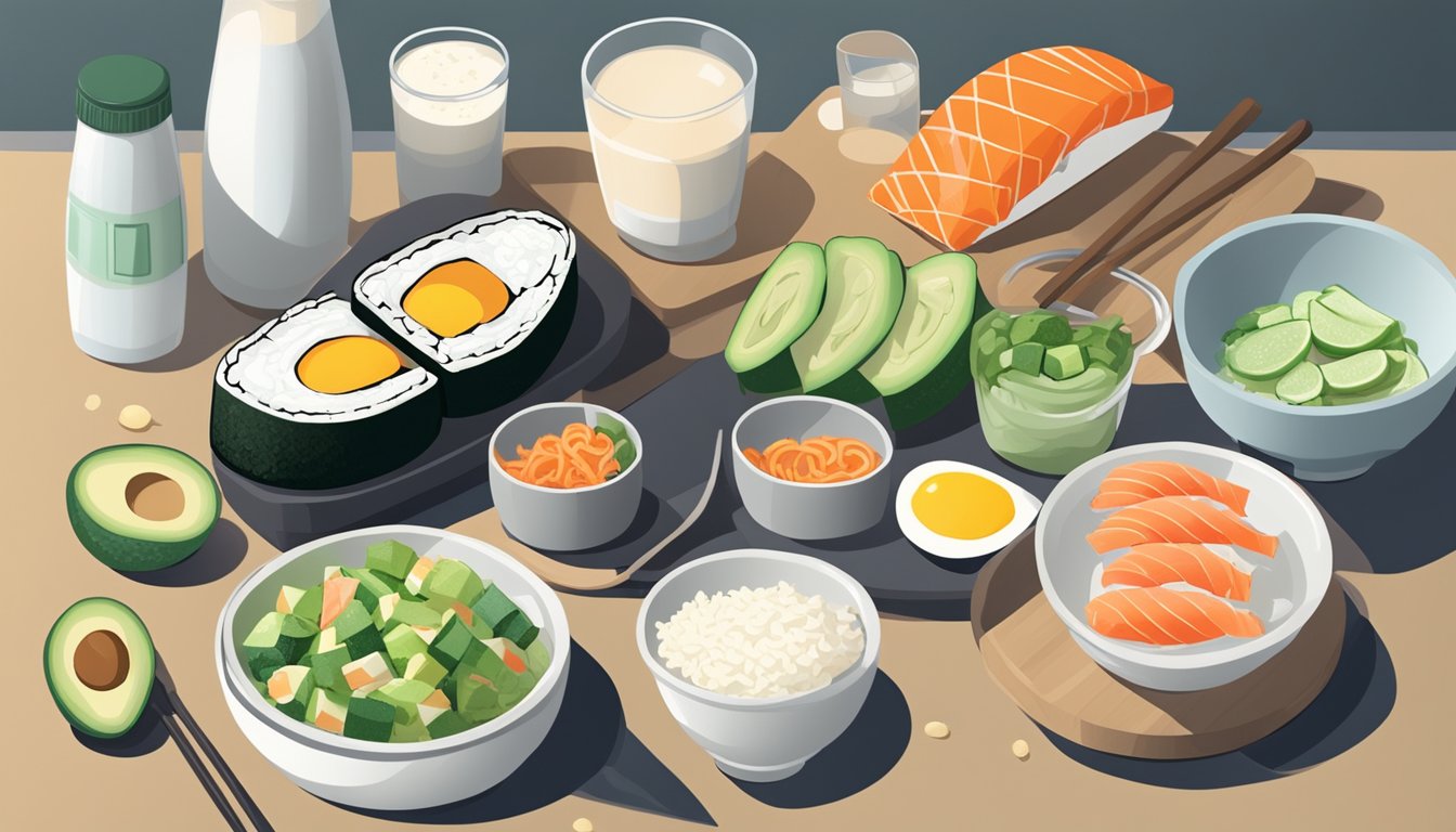 A kitchen counter with a sushi bazooka surrounded by fresh ingredients like avocado, cucumber, smoked salmon, and rice. A bowl of eggs and a carton of milk sit nearby