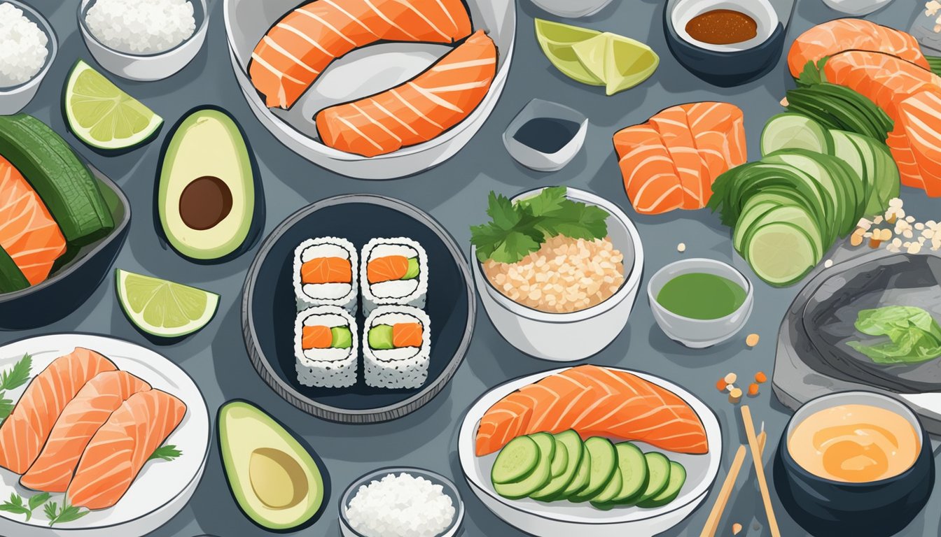 A sushi bazooka sits on a kitchen counter, surrounded by fresh ingredients like avocado, cucumber, and smoked salmon. A bowl of sushi rice and a variety of spices are also present, ready to be used in the breakfast recipes