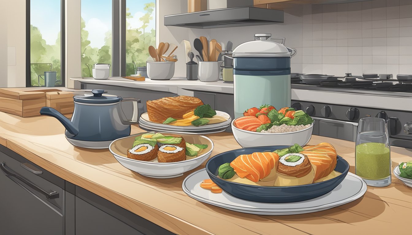 A kitchen counter with a sushi bazooka and ingredients for breakfast recipes such as pancakes, omelets, and stuffed French toast