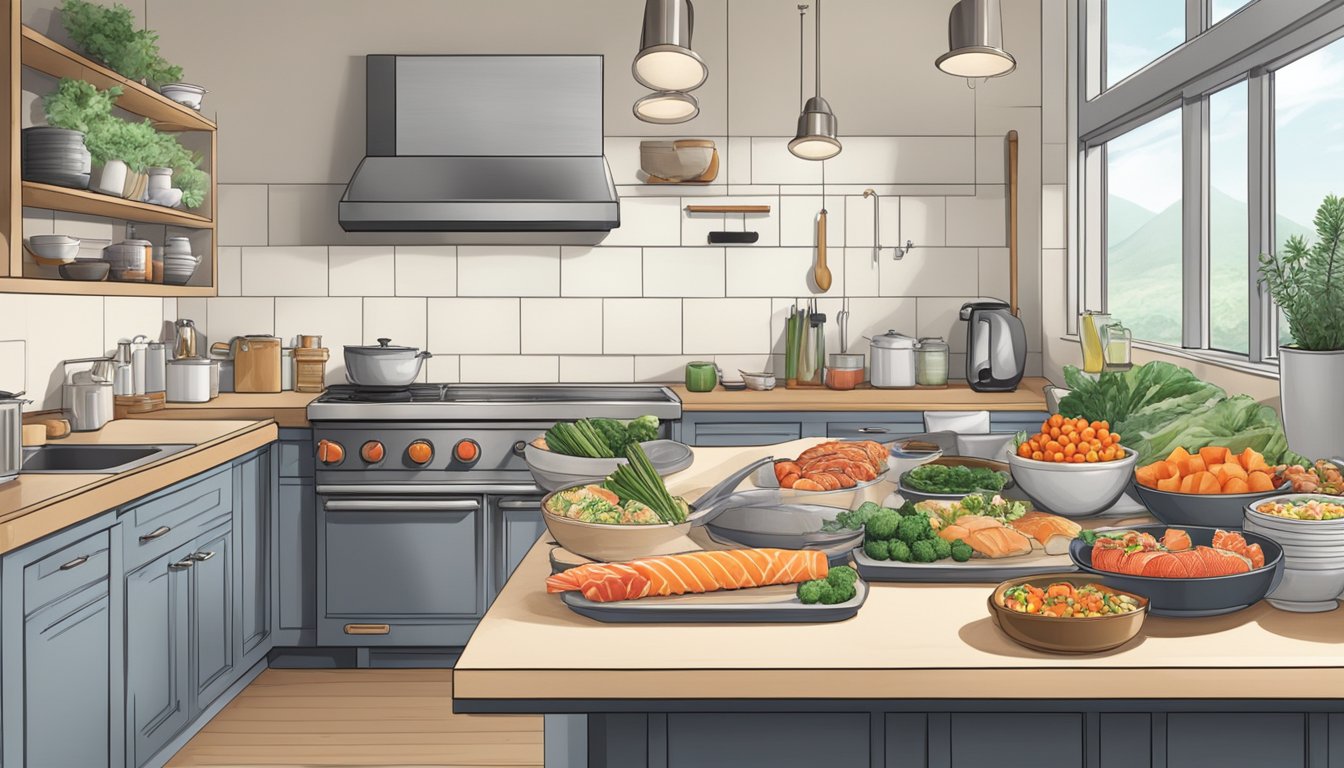 A kitchen counter with a sushi bazooka, fresh ingredients, and various breakfast dishes ready to be prepared