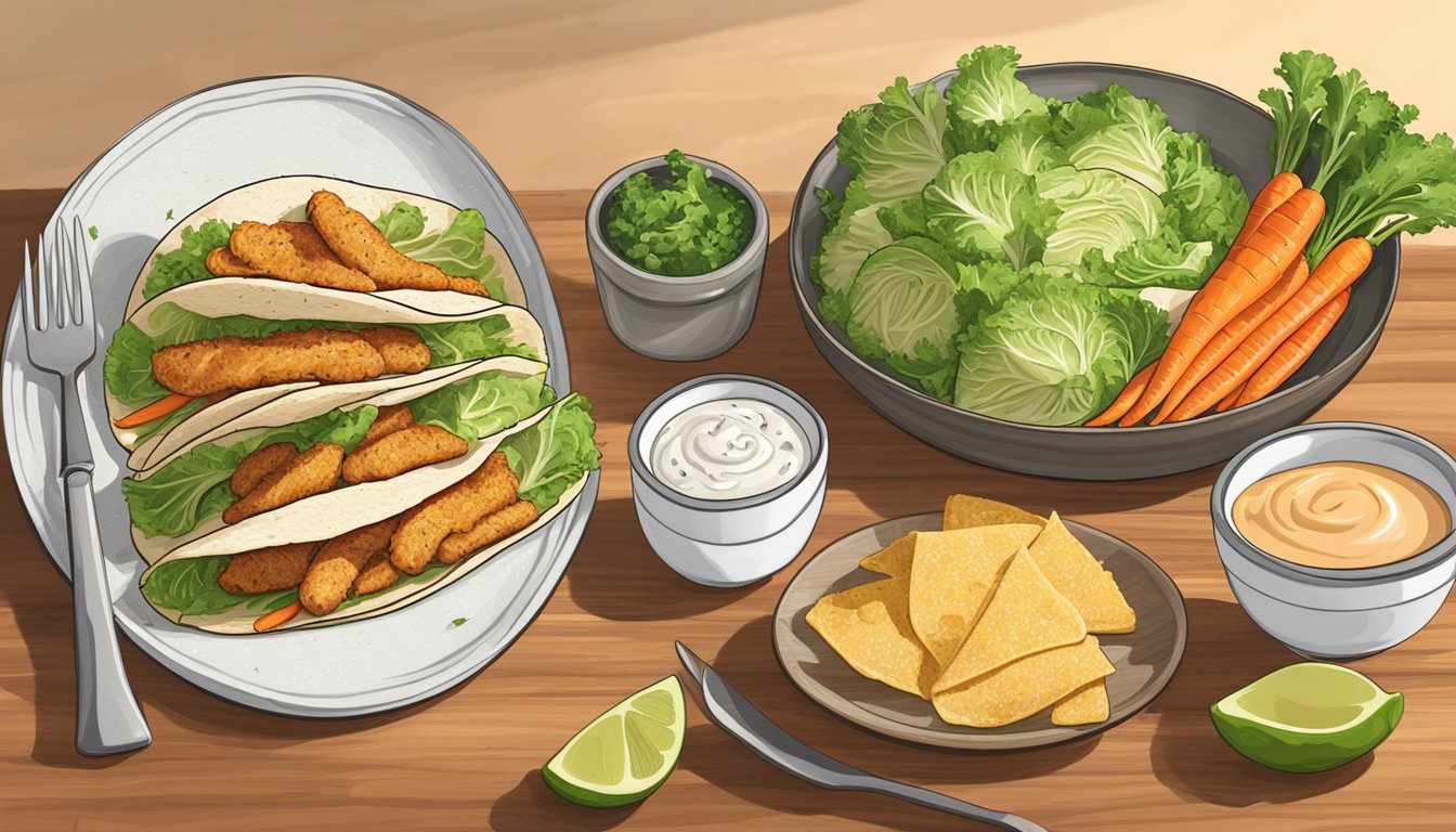 A wooden cutting board with sliced cabbage, carrots, and radishes, a bowl of creamy dressing, and a plate of crispy air fryer fish tacos