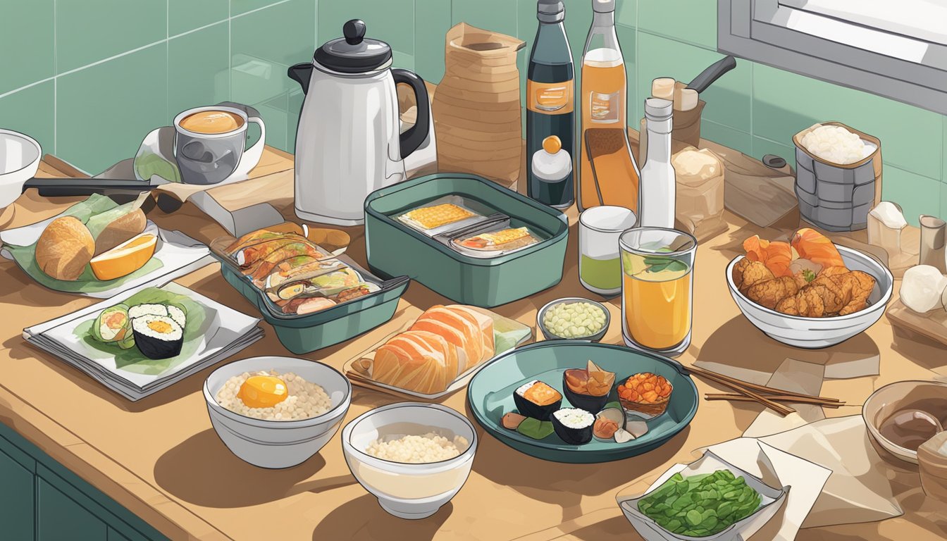 A kitchen counter with assorted breakfast ingredients, a sushi bazooka, and recipe cards scattered around