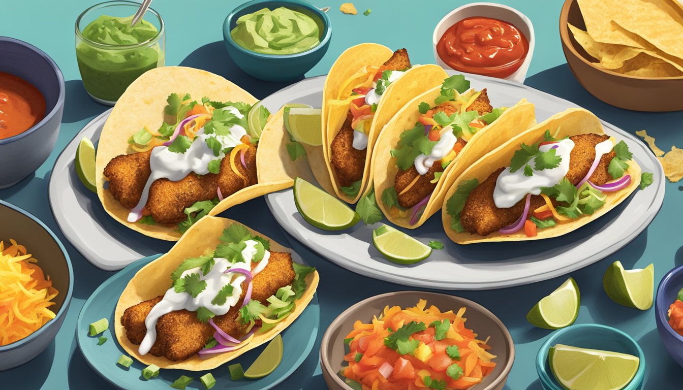 A plate of crispy air fryer fish tacos topped with vibrant, colorful sauces and fresh, flavorful extras