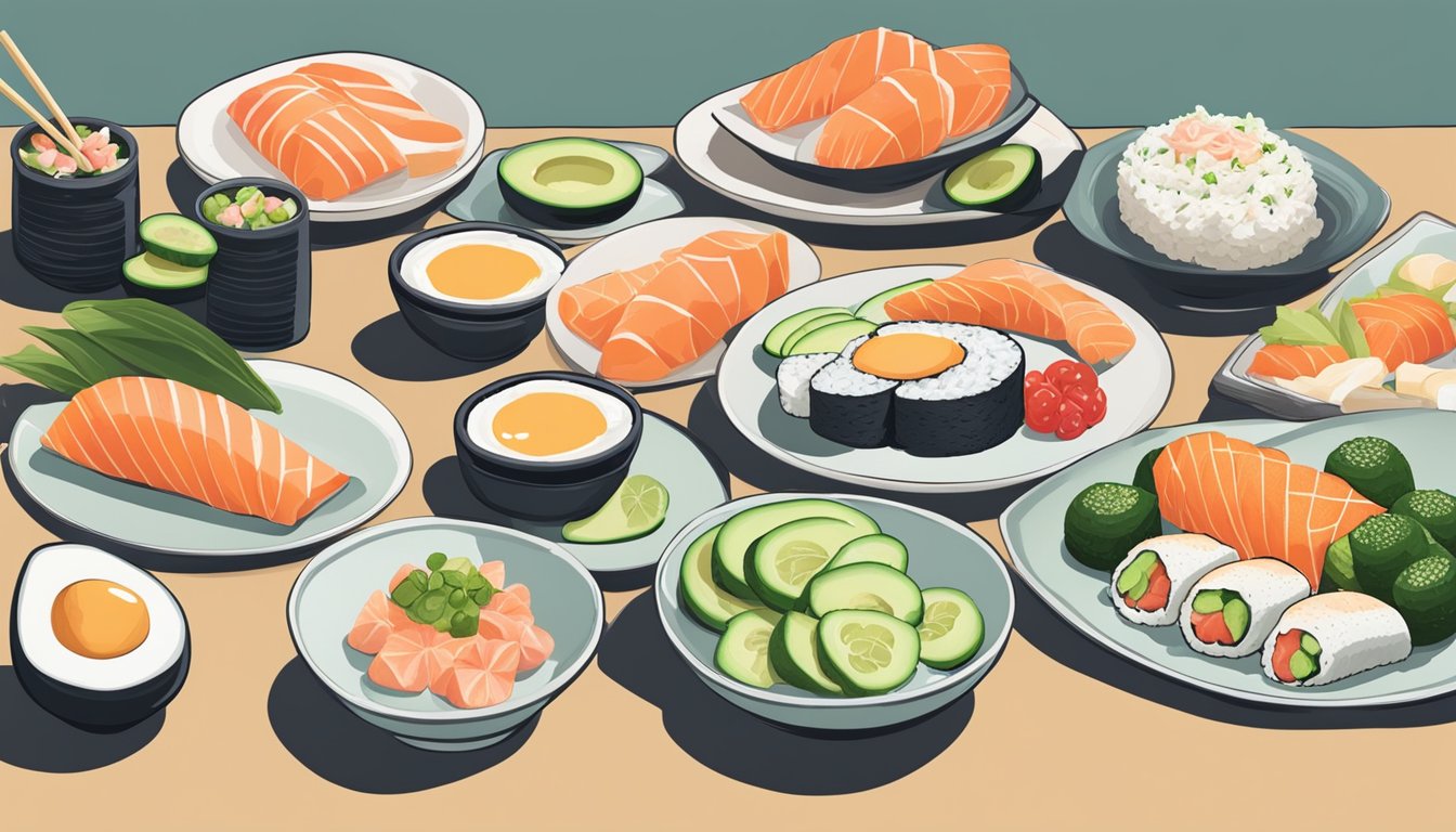 A breakfast spread with sushi bazooka, featuring avocado, cucumber, smoked salmon, cream cheese, and pickled ginger