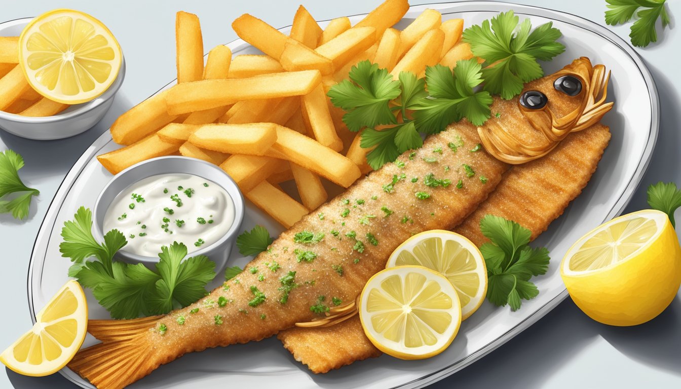 Crispy fish fillets and golden fries arranged on a white plate with a side of tartar sauce, garnished with lemon wedges and fresh parsley