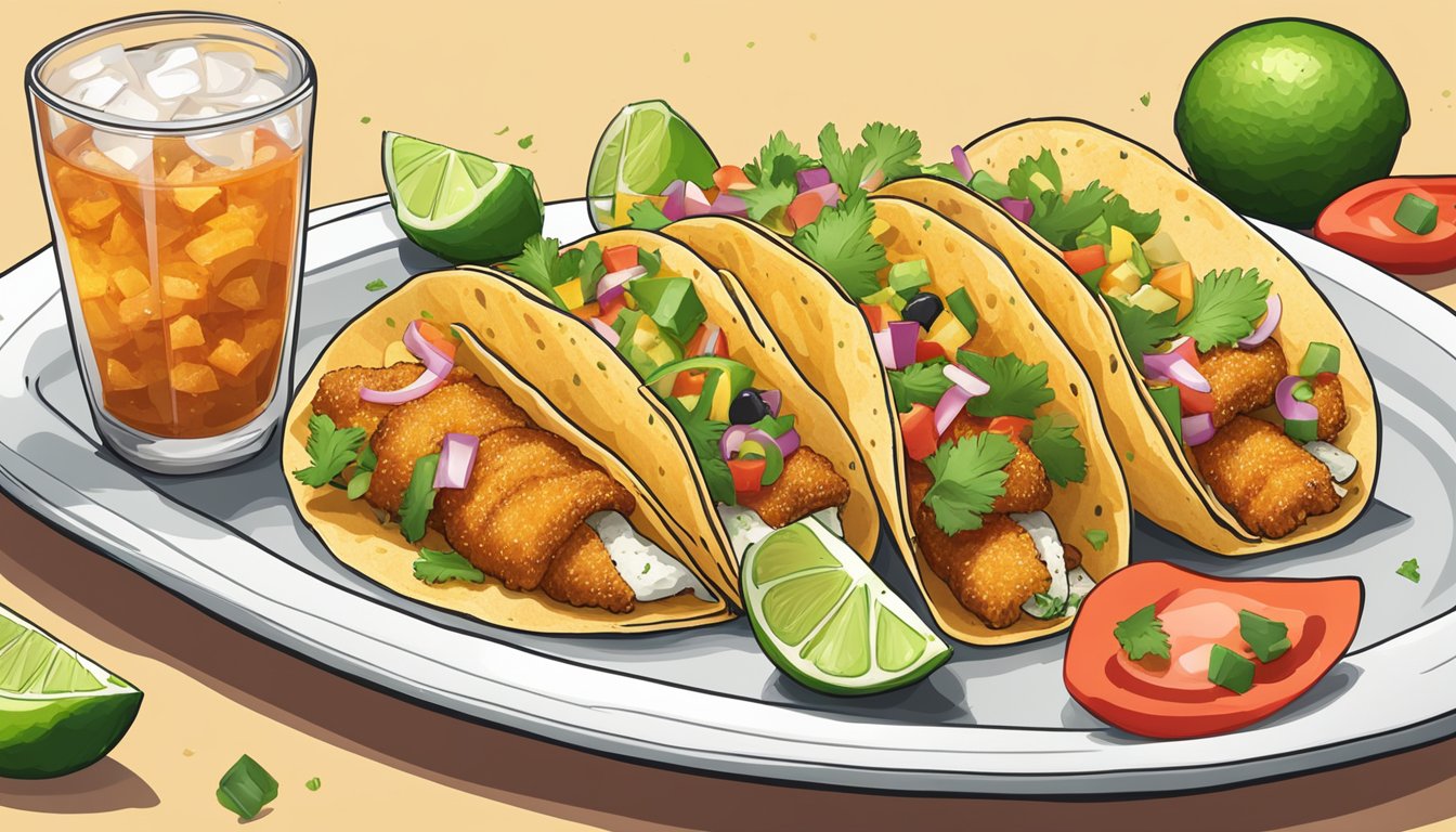 Golden crispy fish tacos arranged on a white plate with colorful toppings, alongside a side of salsa and lime wedges