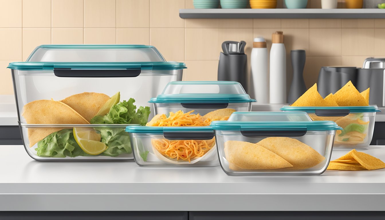 A plate of air fryer fish tacos covered with a clear, airtight lid sits on the kitchen counter next to a stack of reusable containers