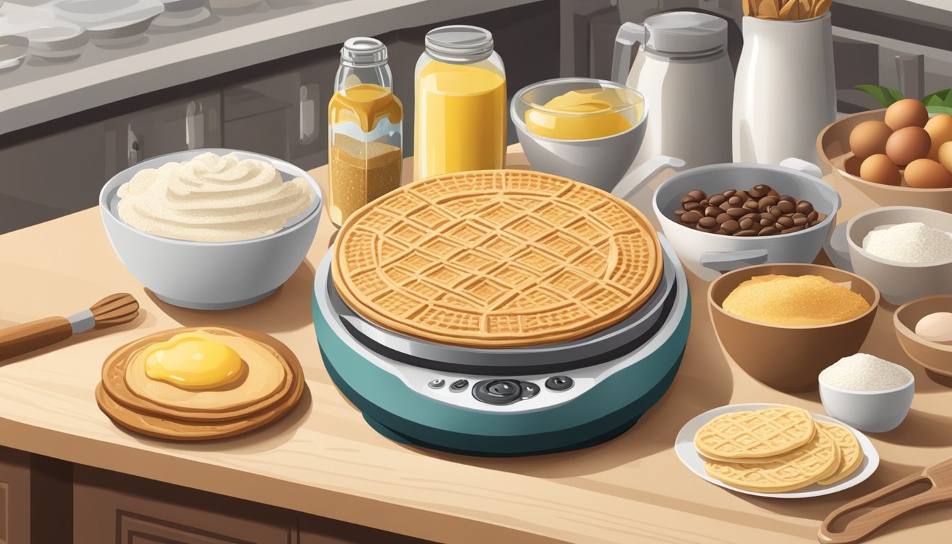 A kitchen counter with a pizzelle maker surrounded by essential ingredients such as flour, eggs, sugar, vanilla extract, and an assortment of breakfast toppings