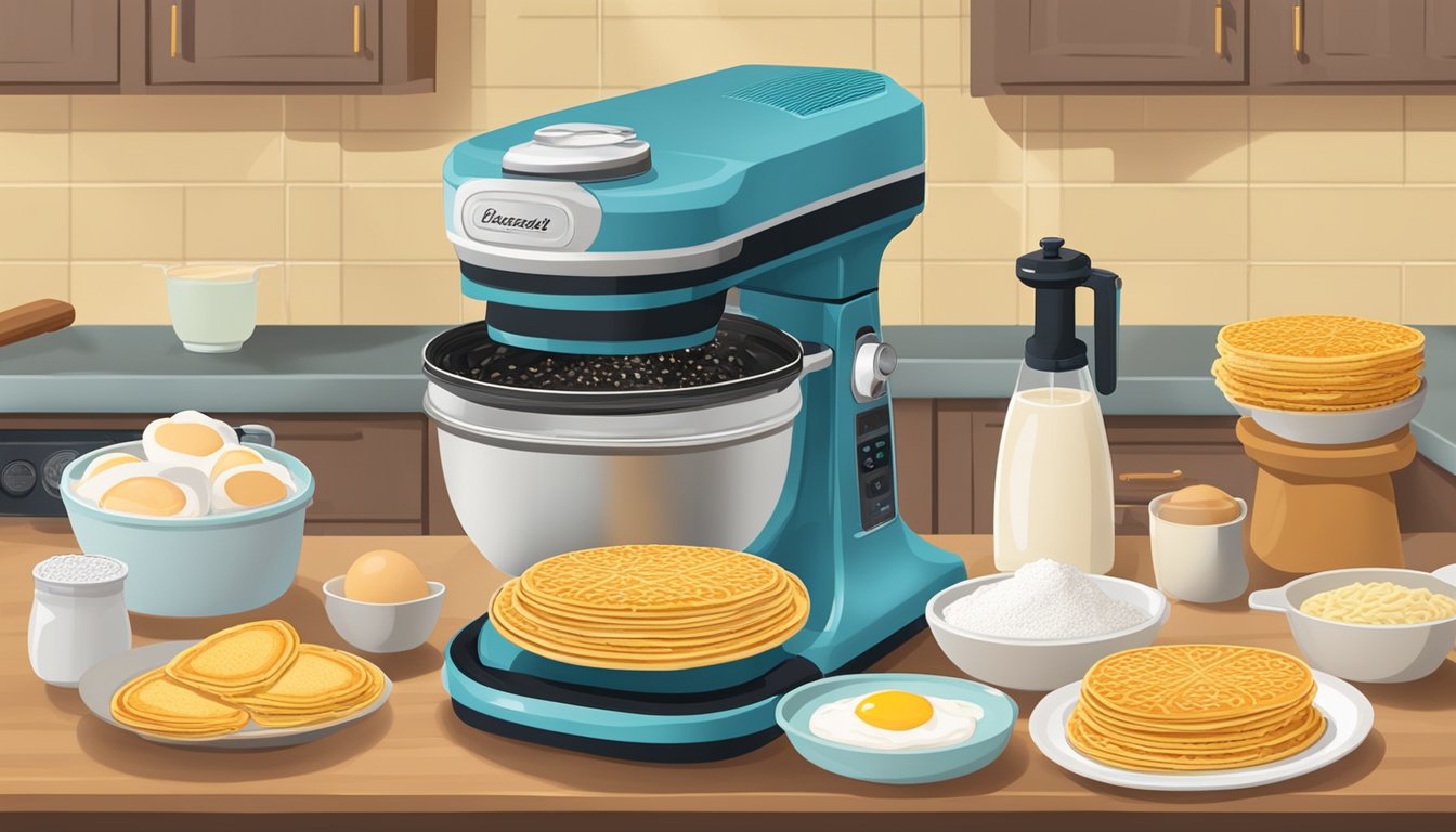 A kitchen counter with a pizzelle maker surrounded by ingredients like eggs, flour, sugar, and flavorings, along with a stack of finished pizzelles