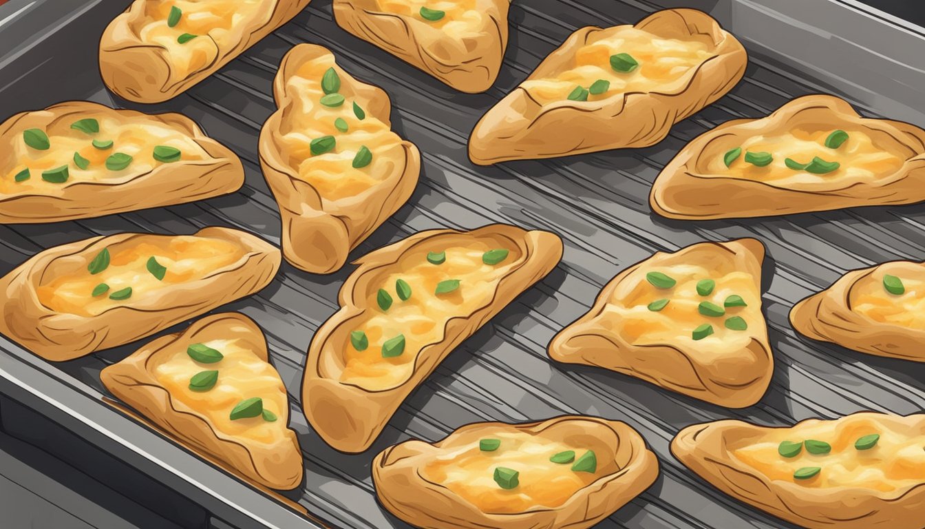 Cheesy garlic breadsticks arranged on a baking sheet, being placed into an air fryer