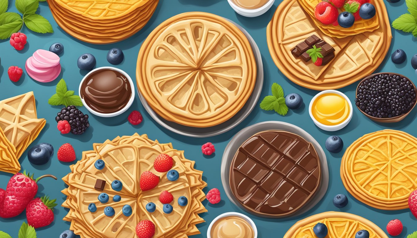 A colorful array of pizzelles with unique flavors, surrounded by ingredients like berries, chocolate, and syrup