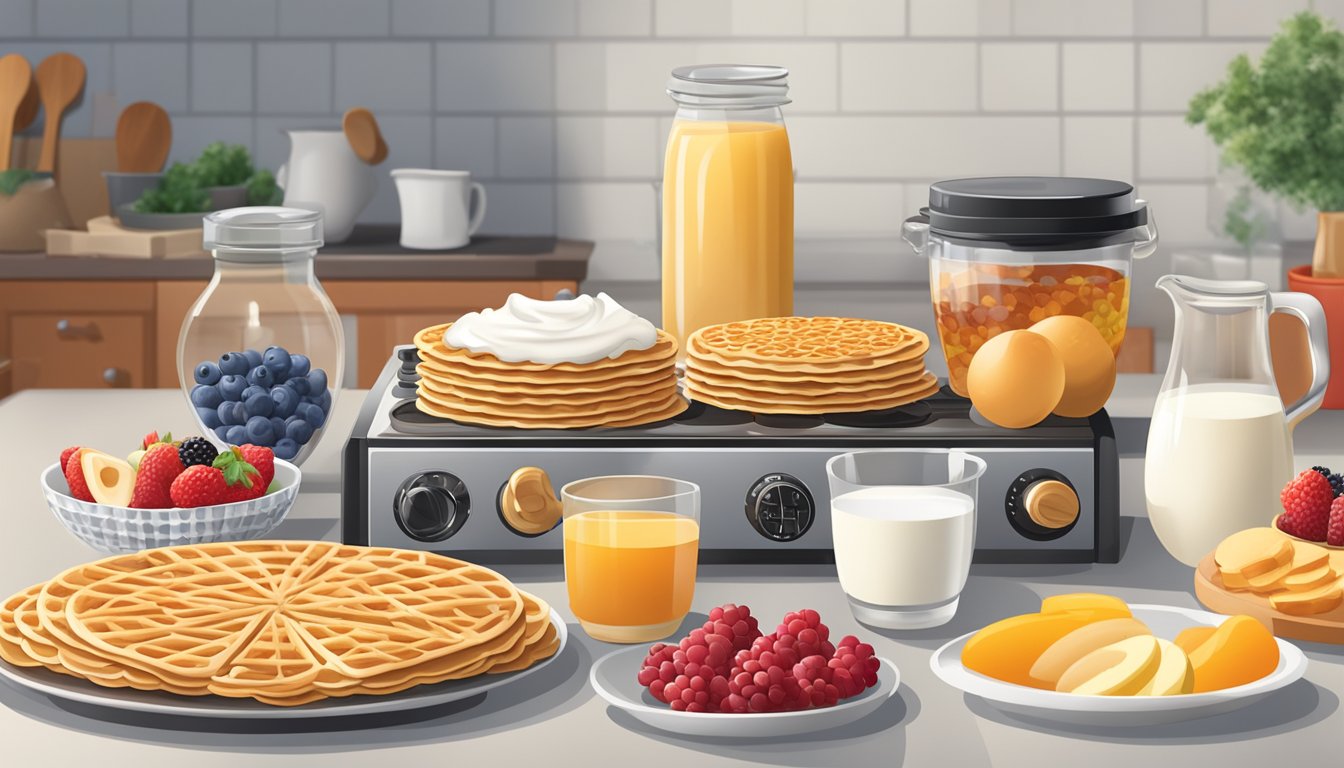 A kitchen counter with a pizzelle maker surrounded by various breakfast ingredients such as berries, yogurt, honey, and nuts