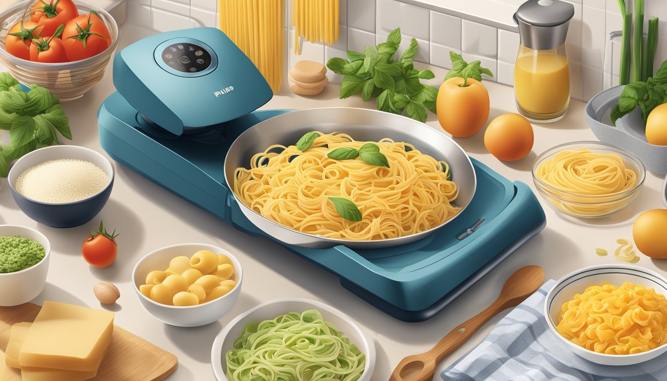 A kitchen counter with a Philips Pasta Maker surrounded by various ingredients and utensils for making breakfast recipes