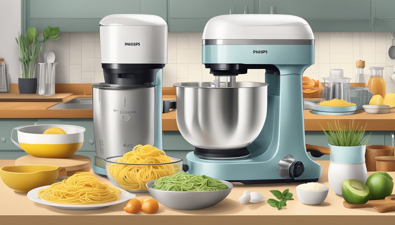 A kitchen counter with various ingredients and the Philips pasta maker, surrounded by bowls, measuring cups, and utensils