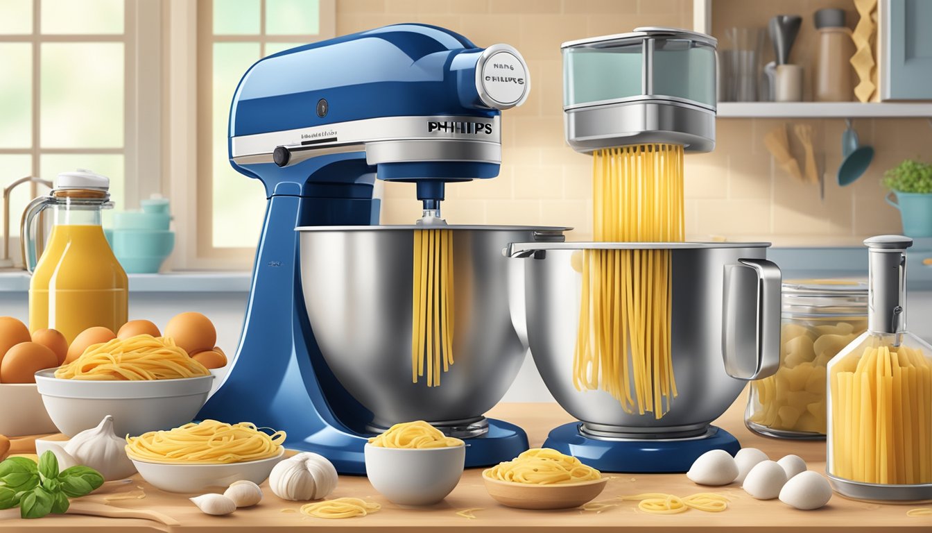 A clutter-free kitchen counter with a Philips pasta maker surrounded by ingredients for basic pasta dough