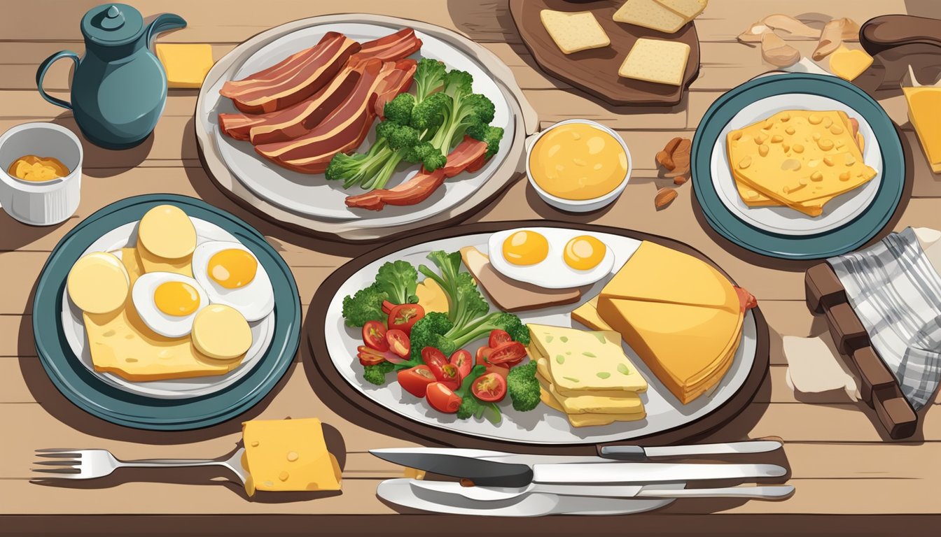 A table set with a raclette grill, plates, and ingredients for breakfast recipes, such as eggs, bacon, vegetables, and cheese