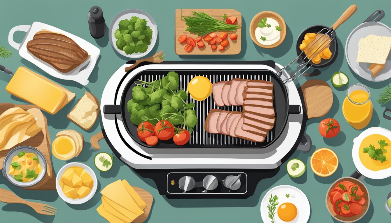 A raclette grill surrounded by fresh ingredients and kitchen utensils, with a variety of breakfast items being prepared on the grill