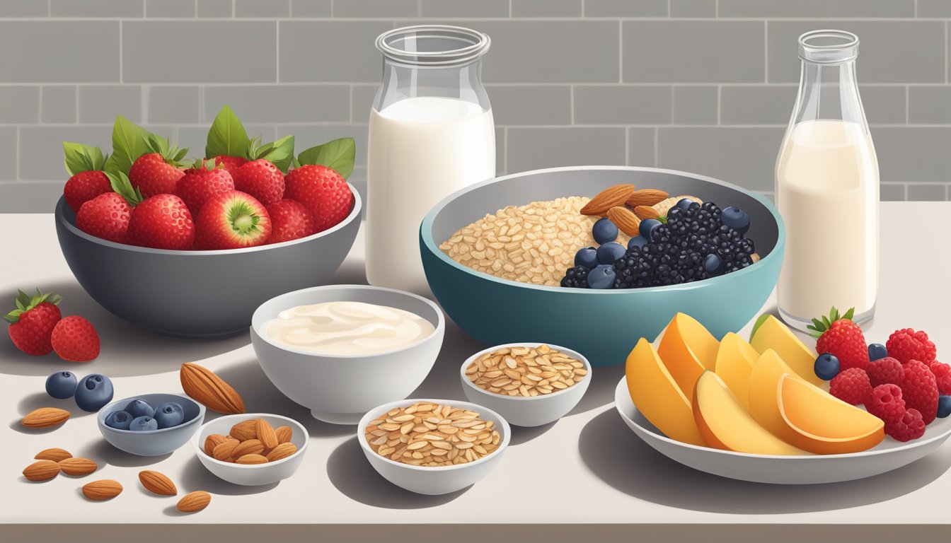 A kitchen counter with a variety of ingredients like fruits, nuts, and gluten-free grains. A bowl of oatmeal, a plate of fresh berries, and a glass of almond milk sit on the counter