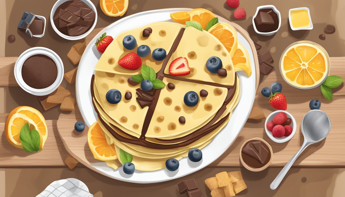 A raclette grill surrounded by ingredients for sweet breakfast recipes: pancake batter, fresh fruits, chocolate chips, and syrup