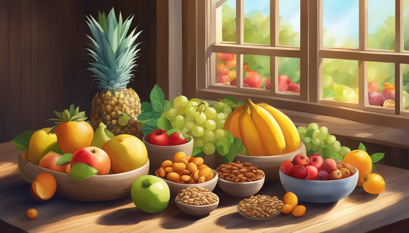 A colorful array of fresh fruits, nuts, seeds, and grains arranged on a wooden table, with sunlight streaming in through a window