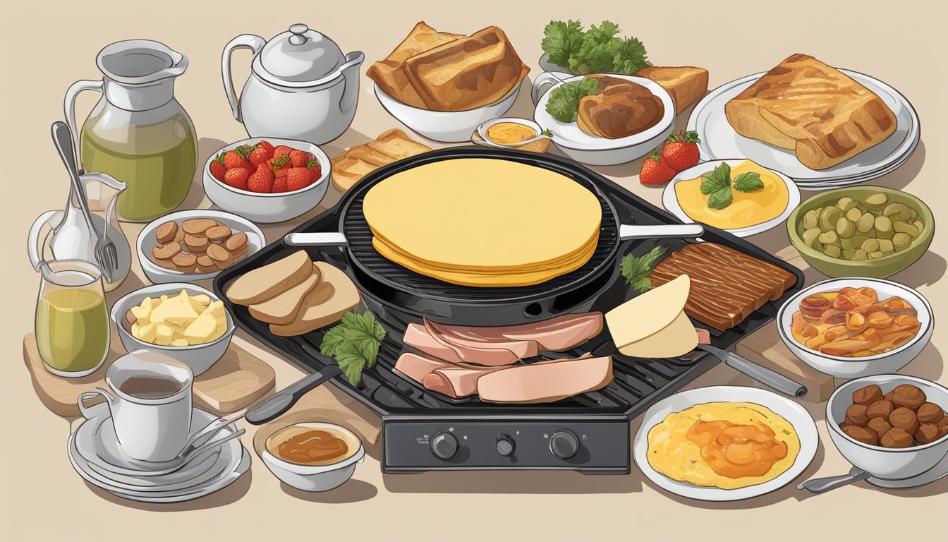 A raclette grill surrounded by various breakfast ingredients and utensils, with five different breakfast recipes being prepared simultaneously